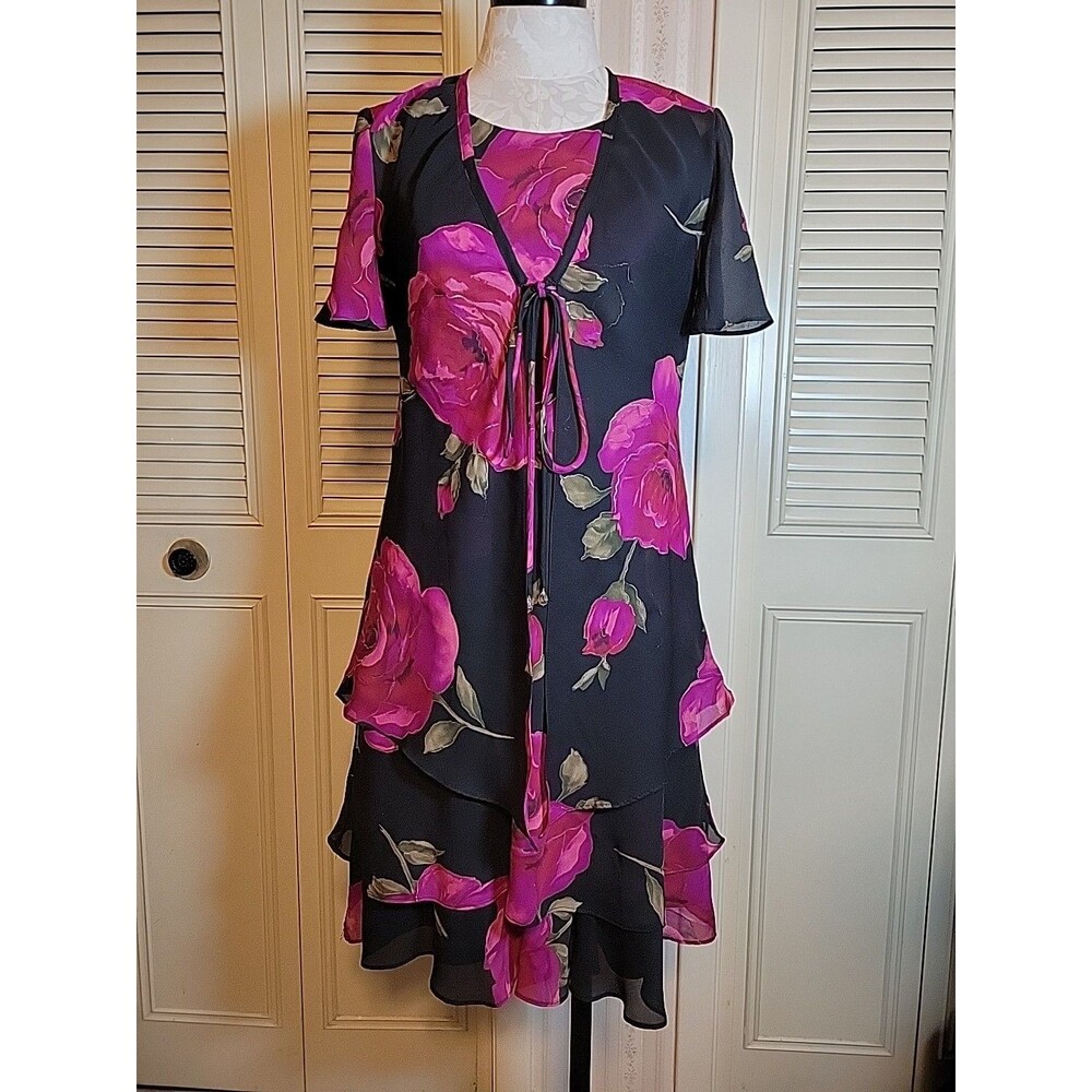 Tiered 2 Piece Ruffle Dress Sz 6 Black W/Pink Flowers Tiered Formal